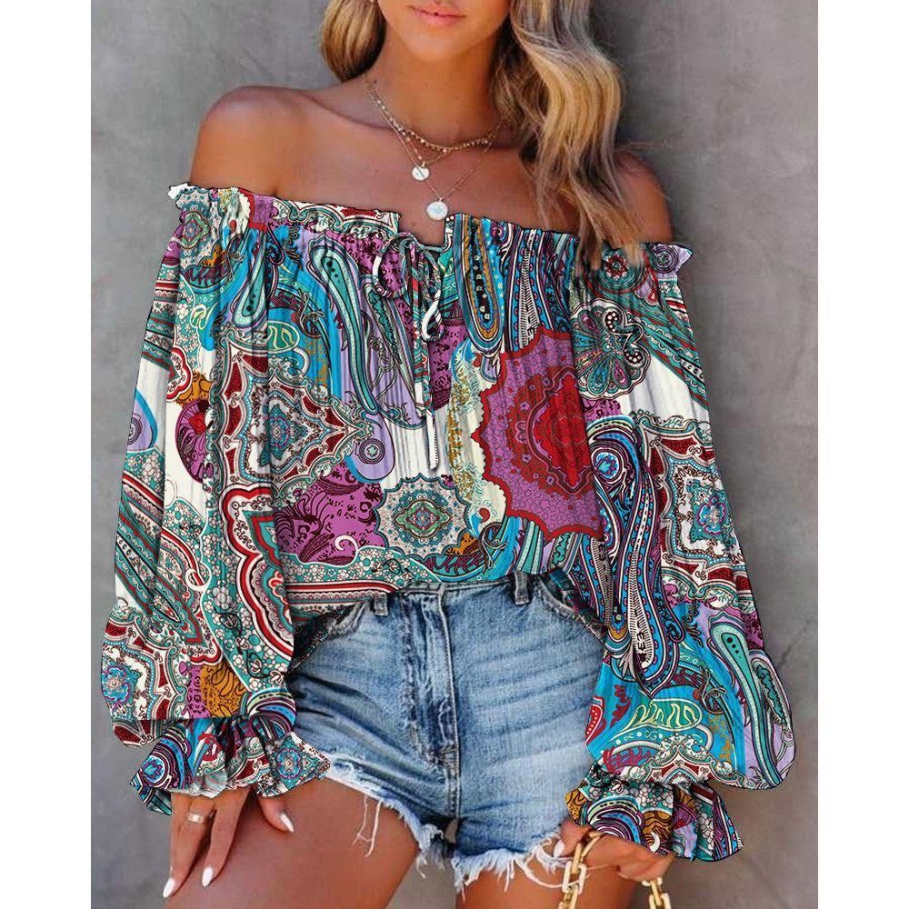 Women's Printed Ruffle Collar Off-the-shoulder Shirt