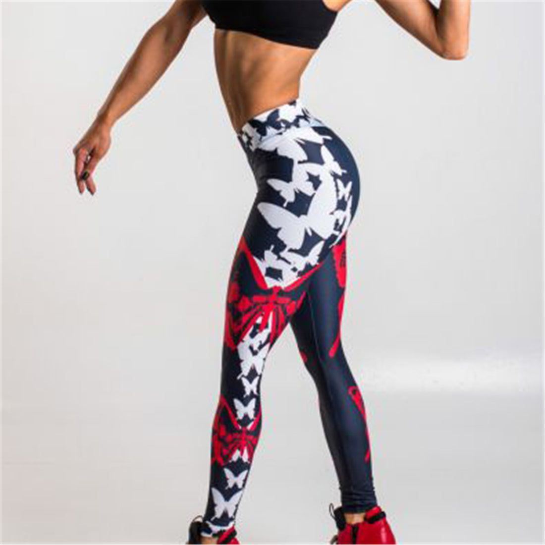 Red Butterfly Print Leggings Women's Sports Yoga Pants - Jointcorp