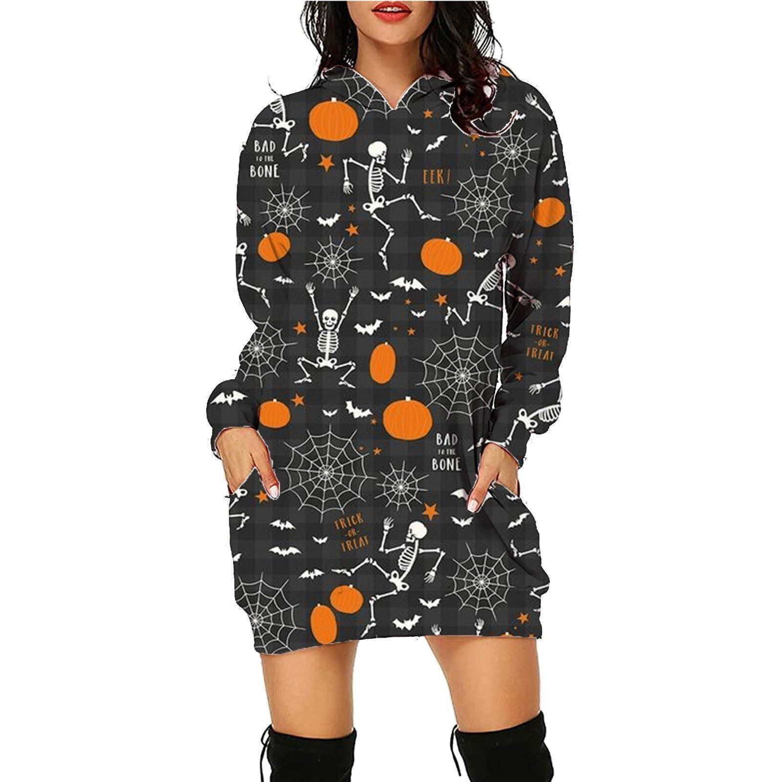 Halloween Print Long Hoodie With Pockets Sweater Long Sleeve Clothes Women - Jointcorp