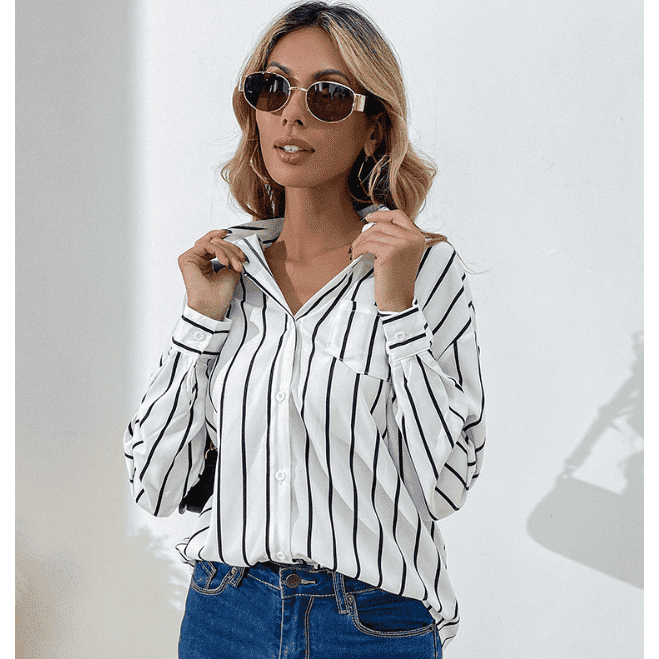 Business Wear Women's Loose Lapels White Striped Shirt - Jointcorp