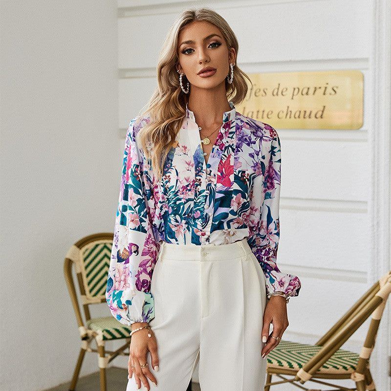 Women's Printed Balloon Sleeve Shirt Stand Collar Long Sleeves