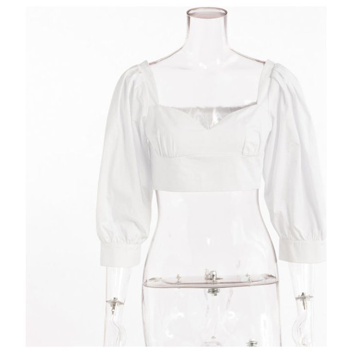 French Minority Puff Sleeve Waist-tight Low-cut Off-shoulder T-shirt