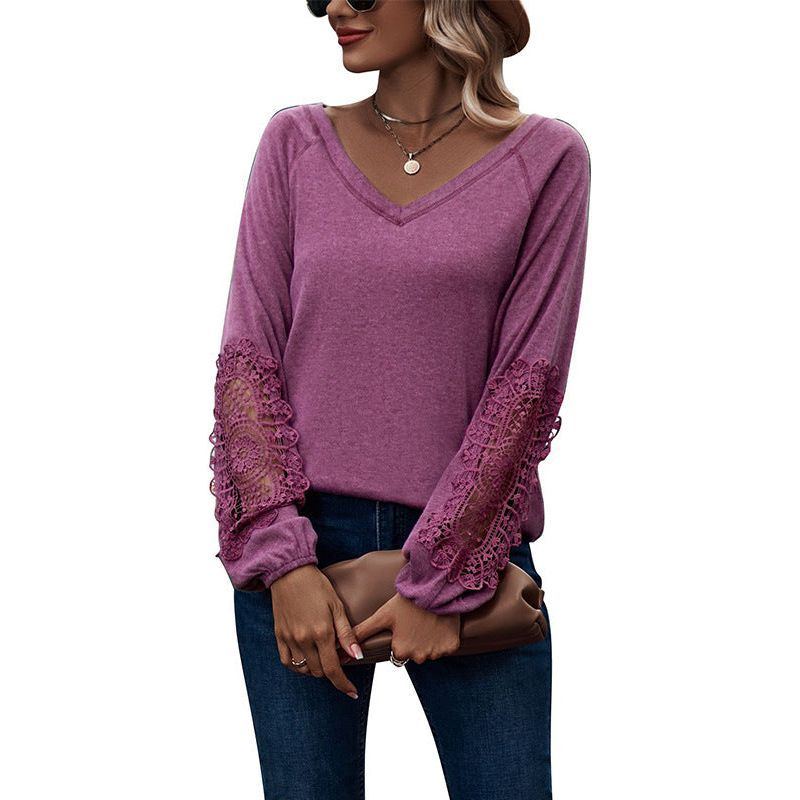 Loose Casual V-neck Lace Lace Long-sleeved