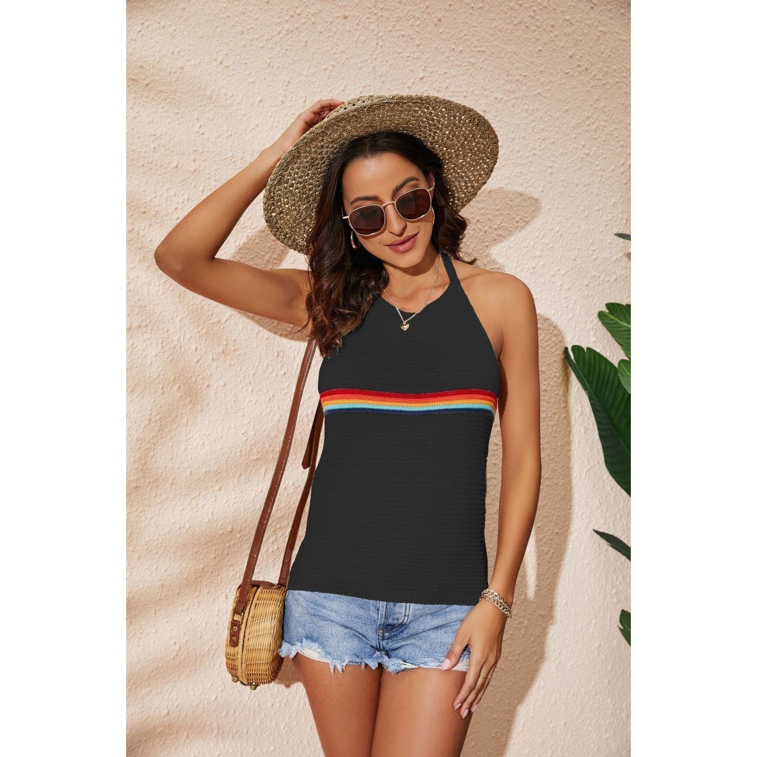 Women's Clothing Rainbow Color-blocking Halter Top Fashion Backless Knitted Lace-up Vest - Jointcorp