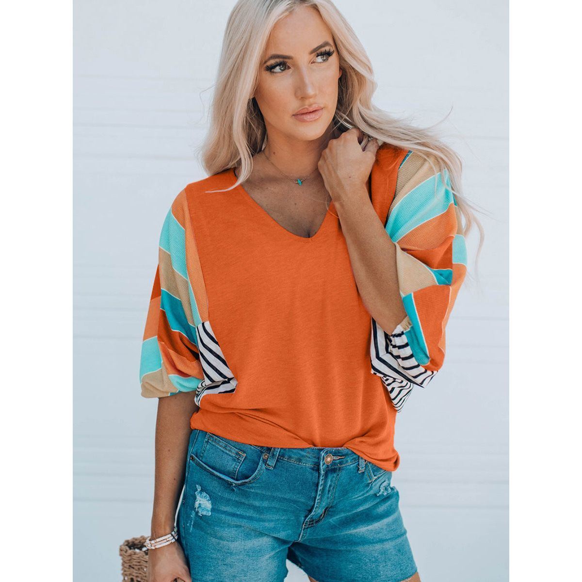 V-neck Pullover Contrast Stitching Short Sleeves Top