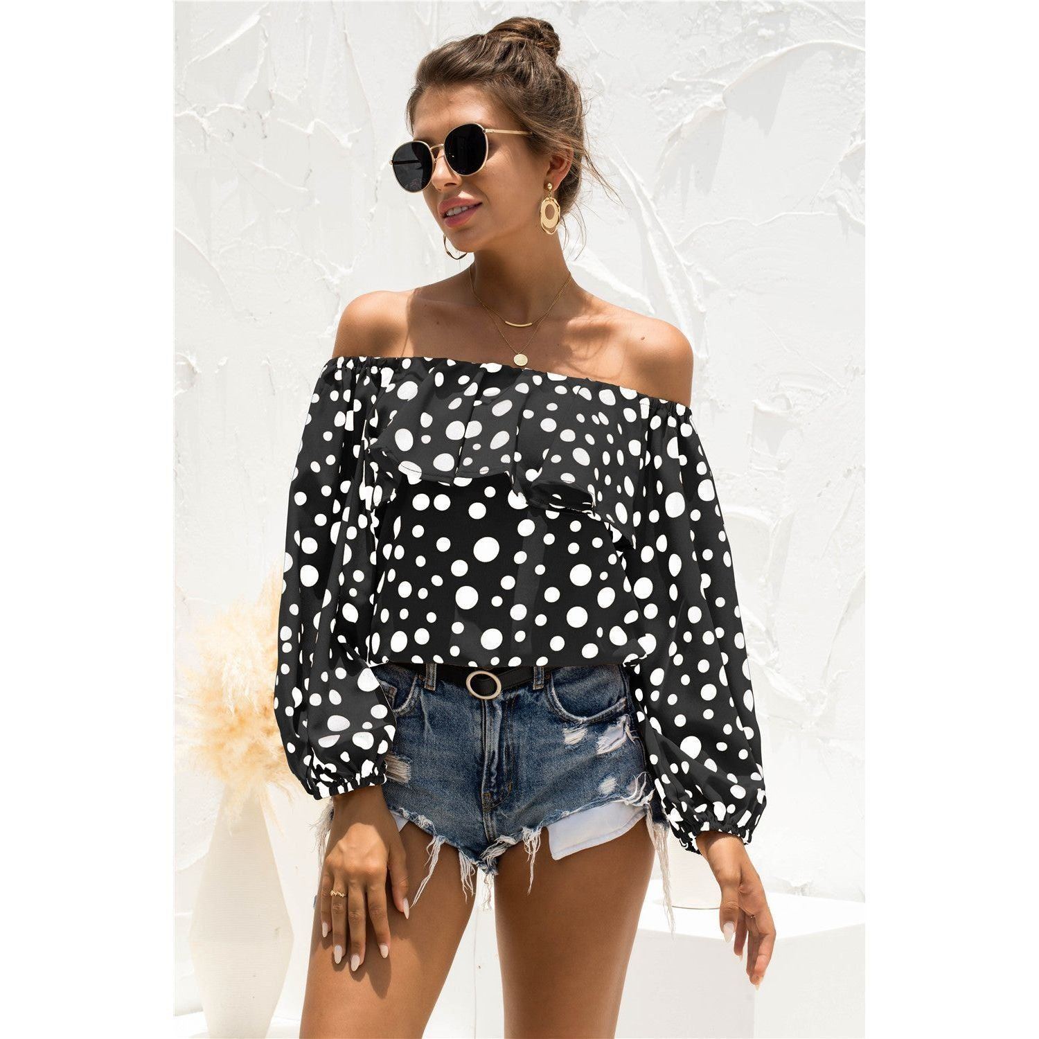 Women's Off-shoulder Puff Sleeve Dot Top T-shirt - Jointcorp