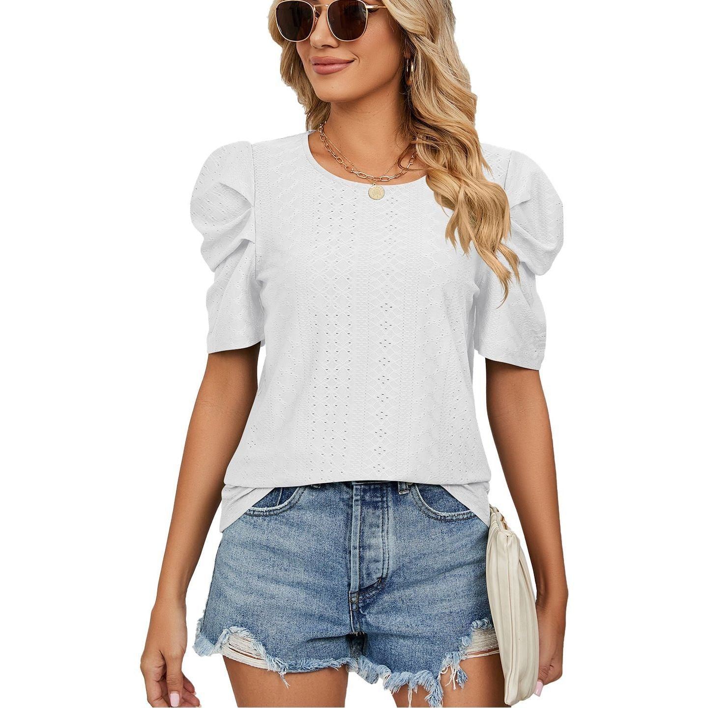 New Solid Color Round Neck Pleated Oversleeves Loose-fitting T-shirt Top Women