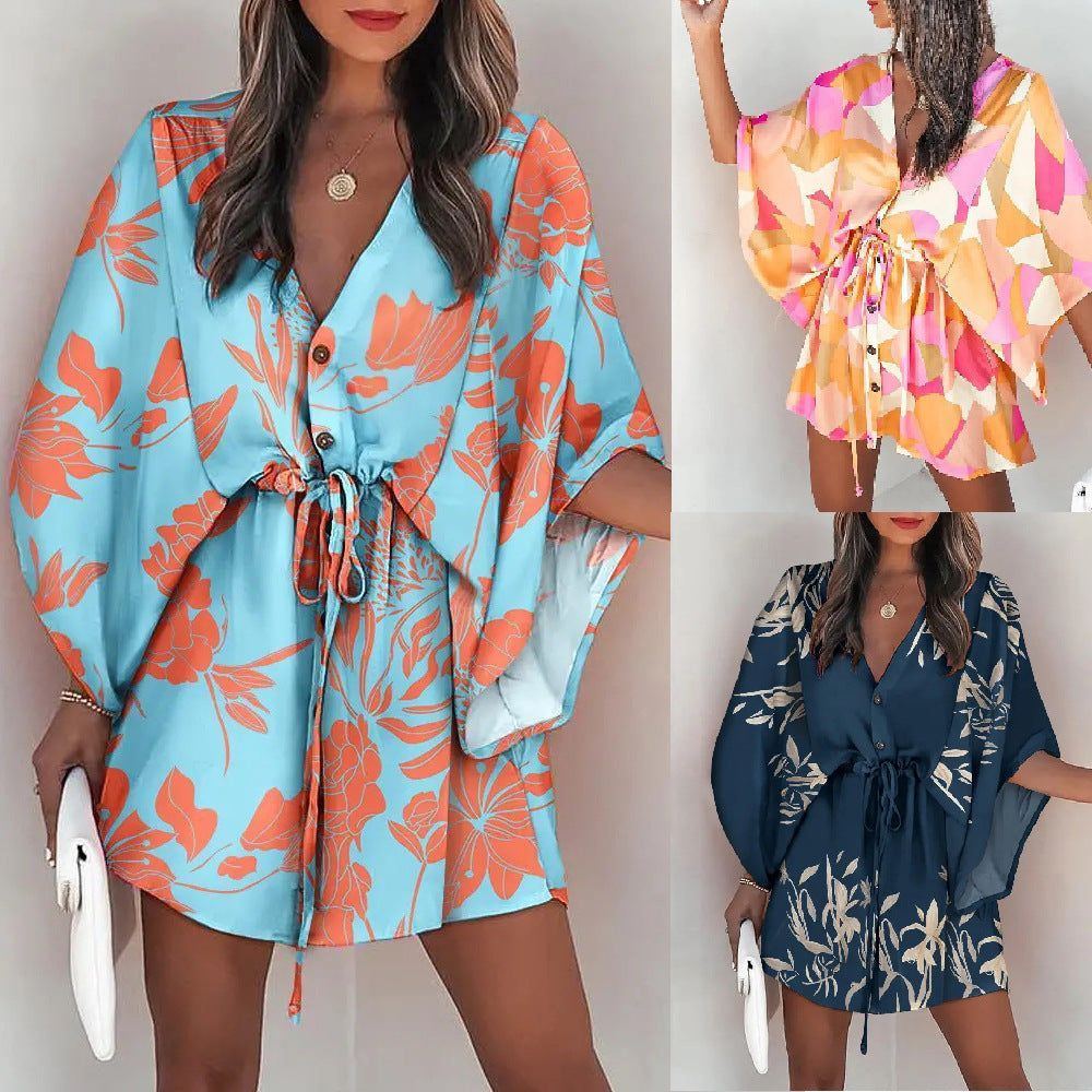 Women's V-Neck Tie Printed Beach Dress - Jointcorp