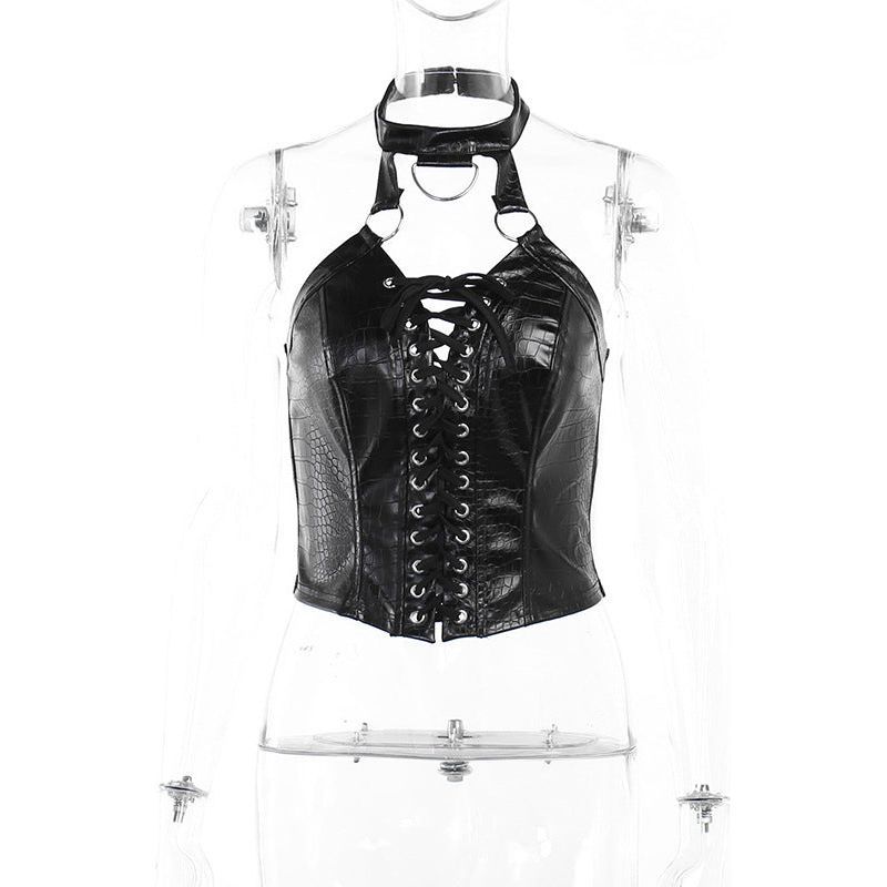 Street Hot Girl Halter Top Sexy Lace-up Vest Pu Leather Dark Style