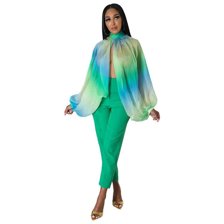 Sexy Loose Translucent Long-sleeved Printed Top