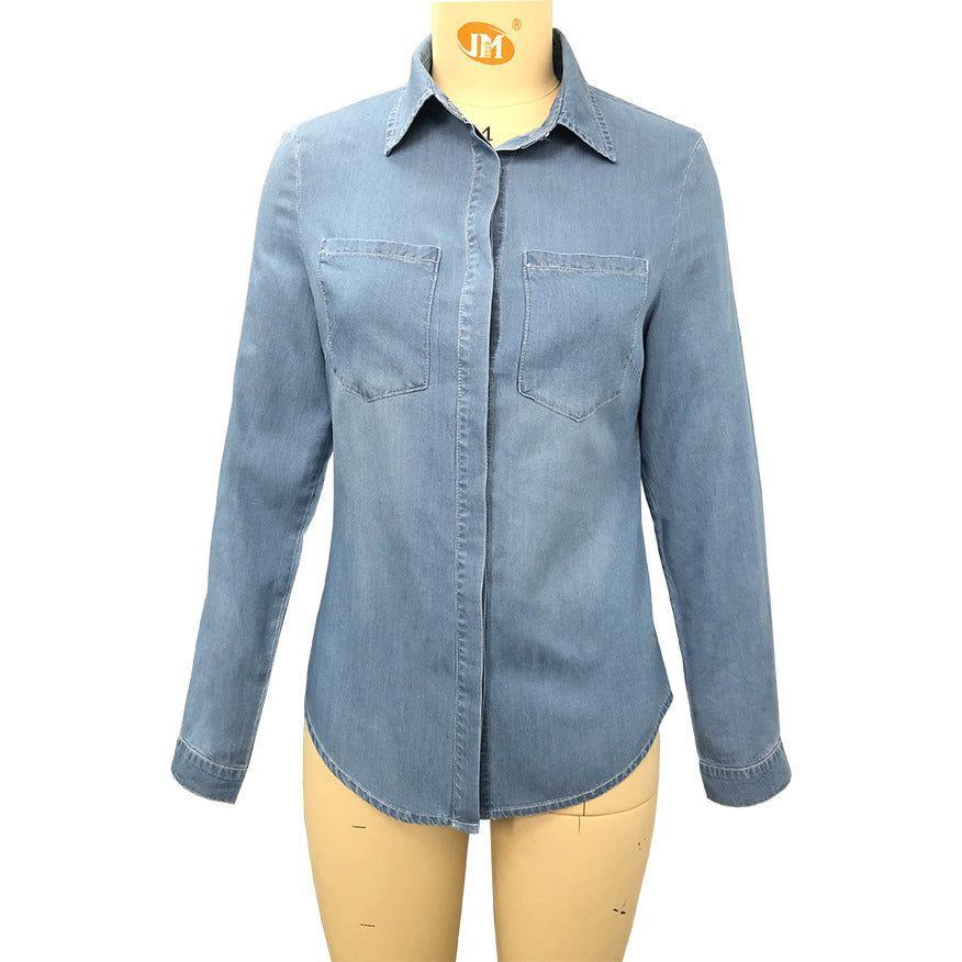 Lapel Denim Shirt Washed Retro Slim Top