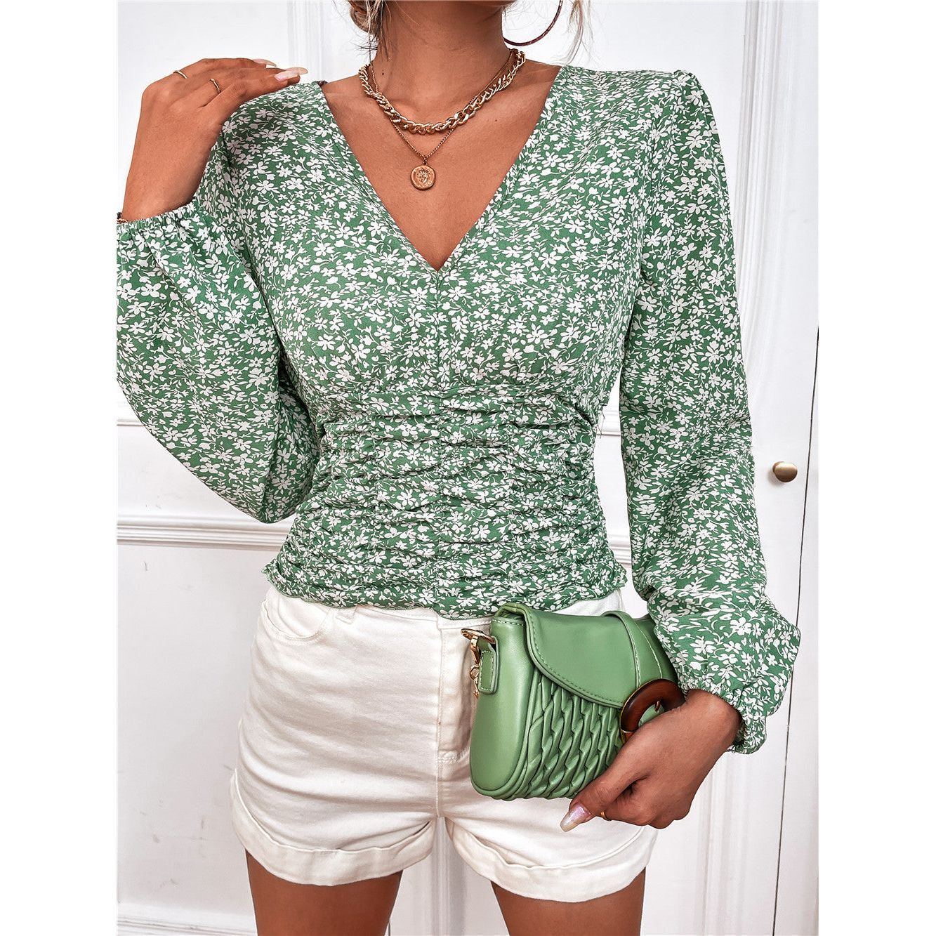 Long Sleeve V Neck Floral Top T Shirt Women
