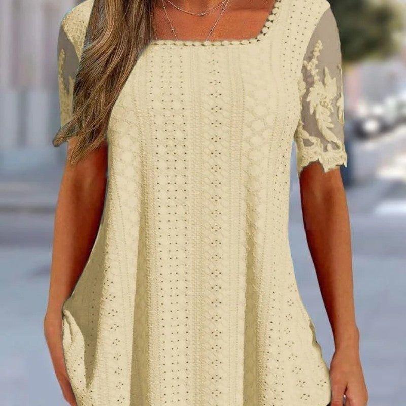 Summer New Square Neck T-shirt Hole Hollow-out