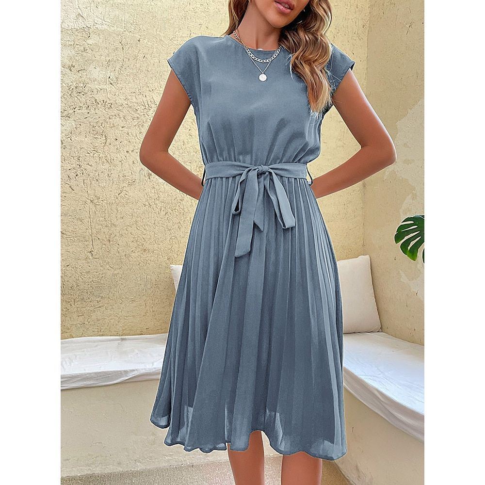 Dress for Women Summer Casual Beach Sundress Short Sleeve Pleated Midi Dress Soild Vintage dresses - Jointcorp