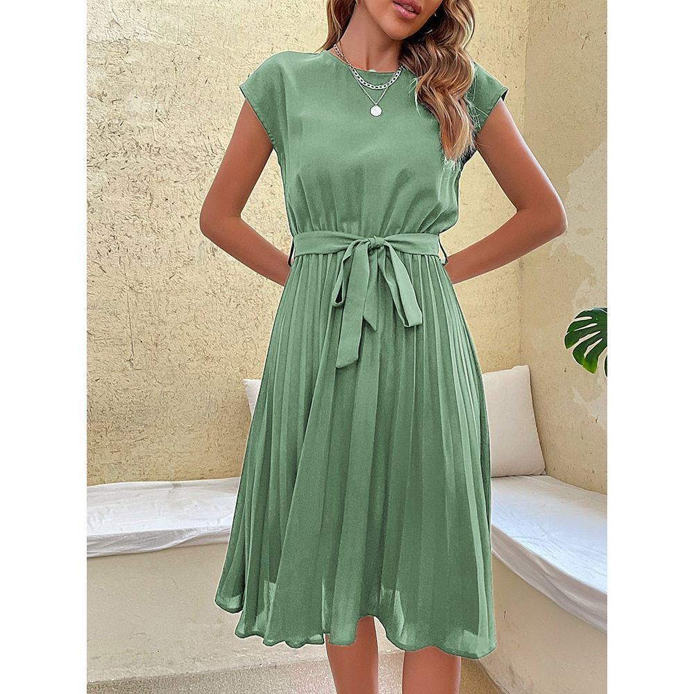 Dress for Women Summer Casual Beach Sundress Short Sleeve Pleated Midi Dress Soild Vintage dresses - Jointcorp