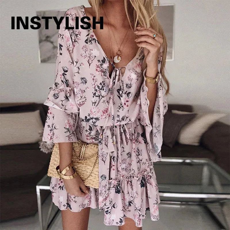 Elegant Floral Print A Line Dress Summer Bohemian V Neck Ruffles Chiffon Dress Women Casual Beach Party Mini Sundress Oversized