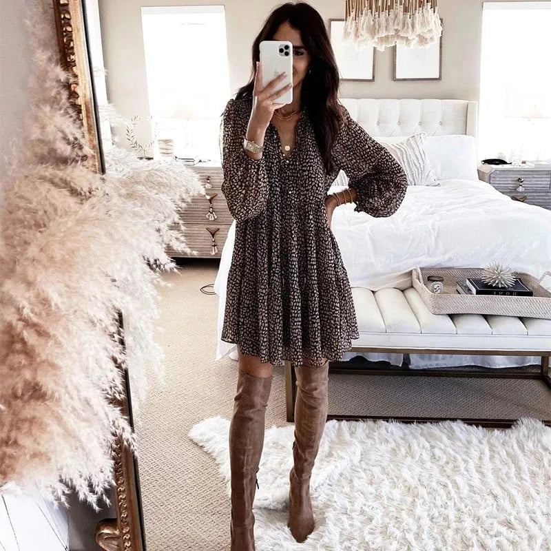 Lantern Sleeve Dot Print Ruffles Women Dress 2022 Casual V-neck Long Sleeve Button Mini Dress Ladies Elegant Party Dress Vestido