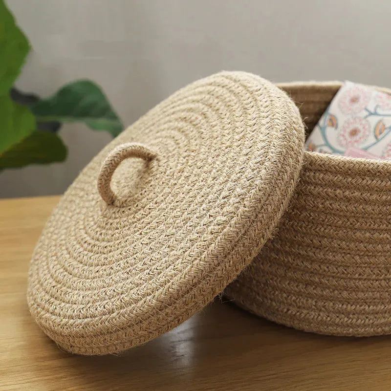 Cosmetics Storage Box Jute Woven Basket Tabletop Key Remote Control Container Snack Case With Cover Organizer ECO Friendly