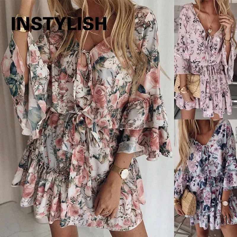 Elegant Floral Print A Line Dress Summer Bohemian V Neck Ruffles Chiffon Dress Women Casual Beach Party Mini Sundress Oversized