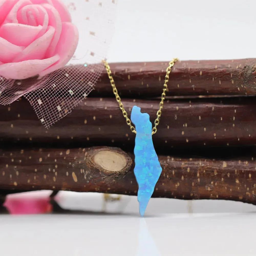 Free Shipping Op89 Black 6.2x24mm synthetic Opal Necklace Opal Palestine Map Necklace with 925 Silver O chain
