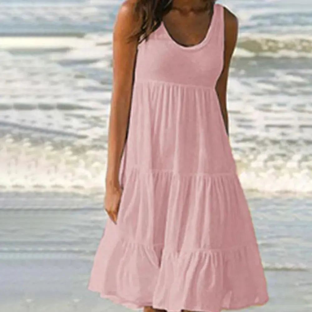 Sleeveless Ruffles Mini Dress for Women Fashion O Neck Boho Solid Beach Sundress Oversized Loose Dress 2024 Summer