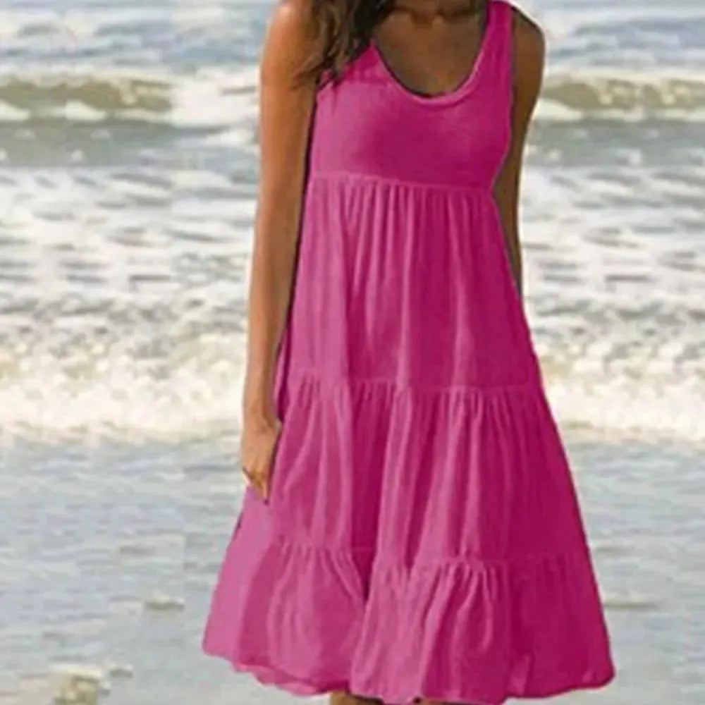Sleeveless Ruffles Mini Dress for Women Fashion O Neck Boho Solid Beach Sundress Oversized Loose Dress 2024 Summer