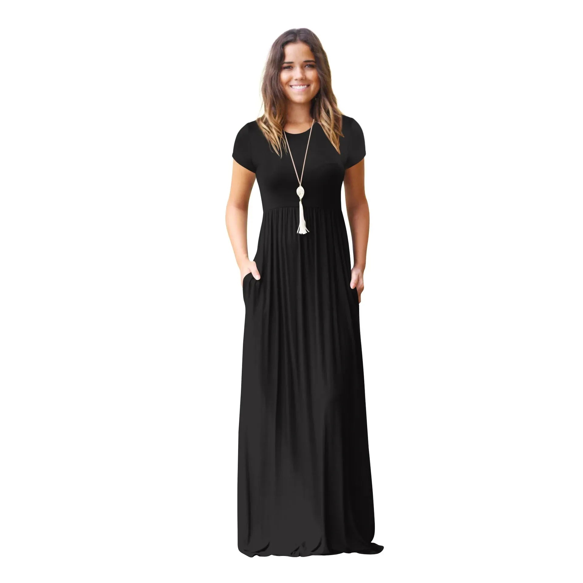 XUANSHOW 2024 Women's Solid Color Pocket Long Dresses Short Sleeve Spring Summer Maxi Dress T Shirt Dress vestido de mujer