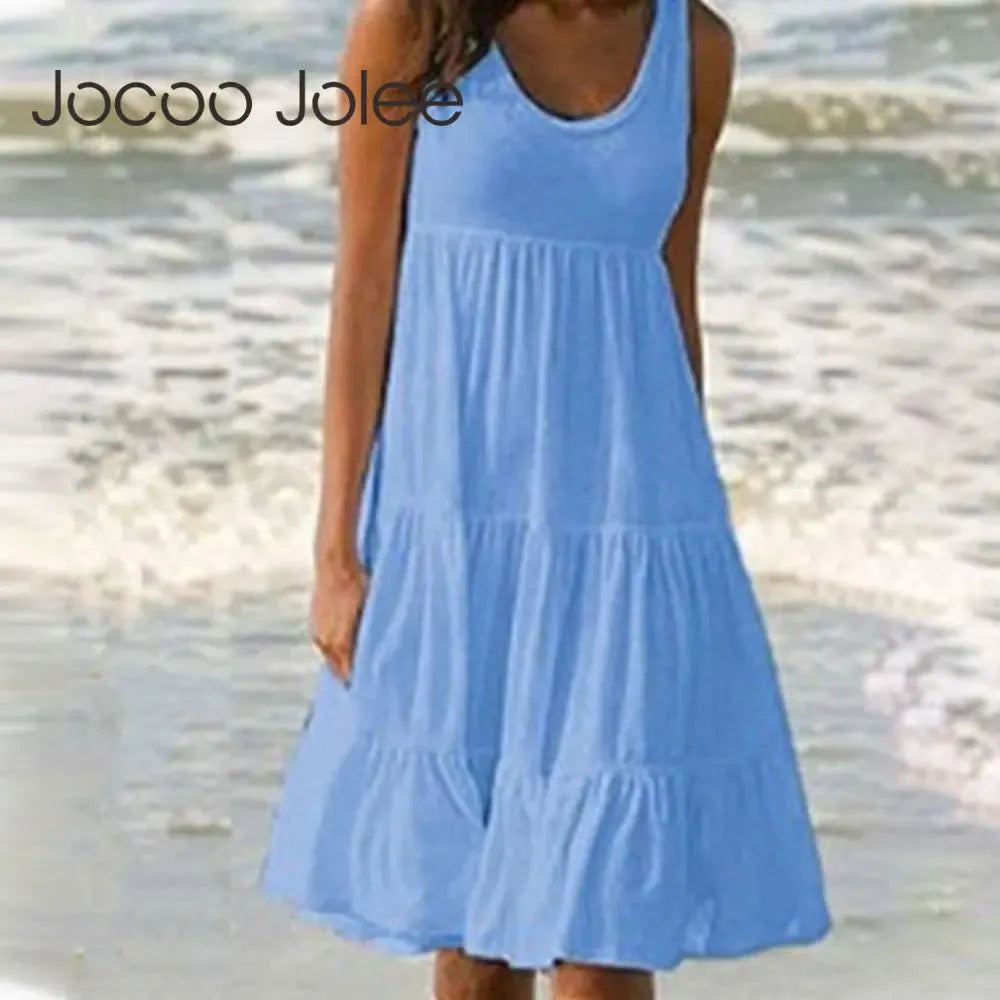 Sleeveless Ruffles Mini Dress for Women Fashion O Neck Boho Solid Beach Sundress Oversized Loose Dress 2024 Summer