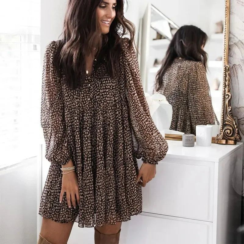 Lantern Sleeve Dot Print Ruffles Women Dress 2022 Casual V-neck Long Sleeve Button Mini Dress Ladies Elegant Party Dress Vestido