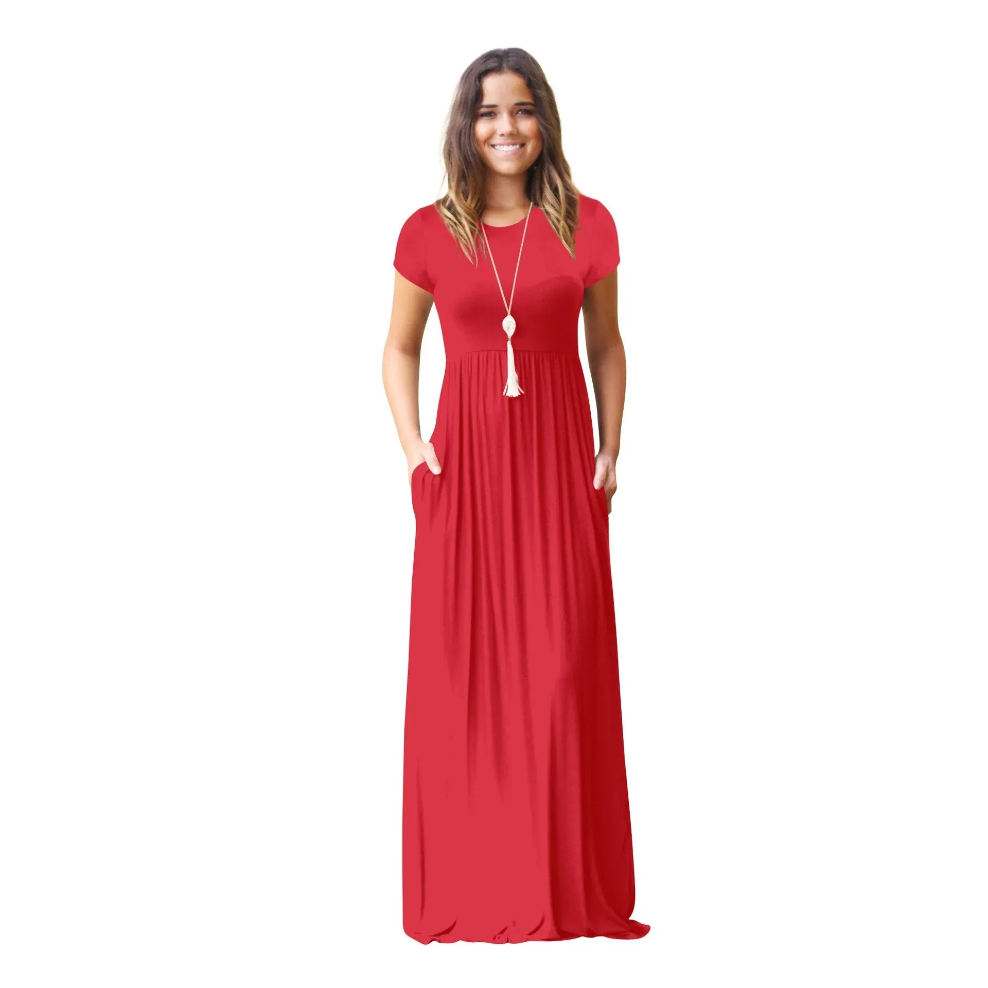 XUANSHOW 2024 Women's Solid Color Pocket Long Dresses Short Sleeve Spring Summer Maxi Dress T Shirt Dress vestido de mujer