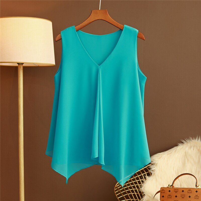 Women Chiffon Blouses Ladies Tops Loose Sleeveless V Neck Shirt Blusas Femininas Plus Size - Jointcorp