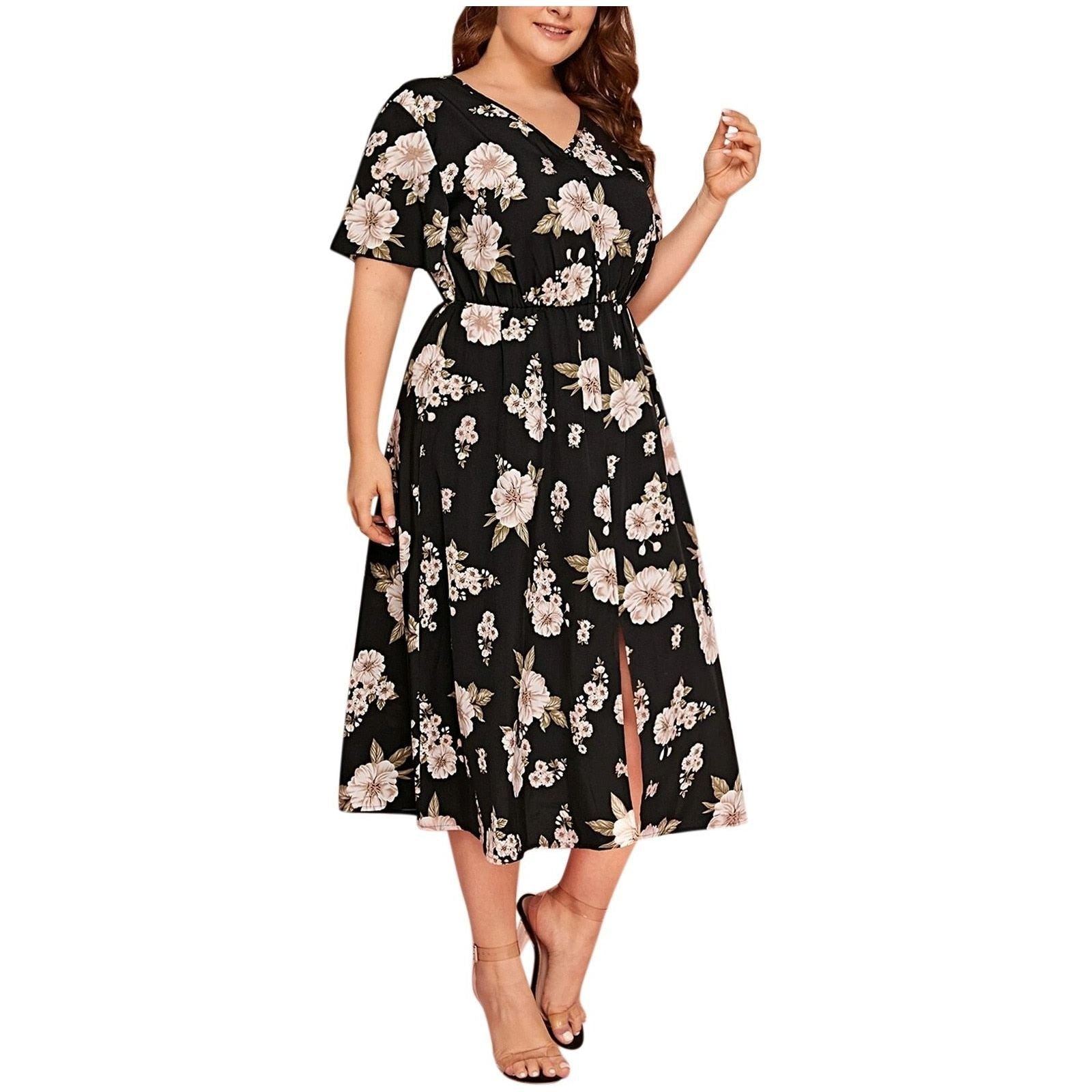 Plus Size Dresses Women Boho Beach Flower Print Midi Dress High Split Casual Dress Plus Size Women's Clothing - Jointcorp