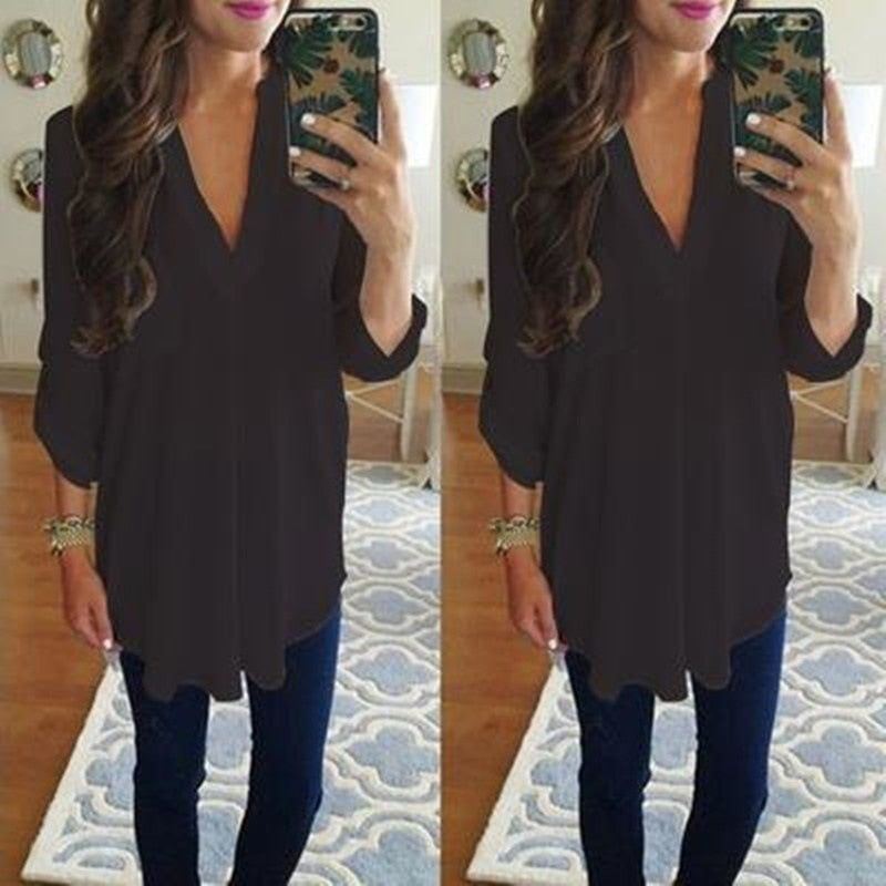 Loose Maternity V-Neck Blouse Long Sleeve Shirt Pullover Tops Chiffon Female Women Solid T-Shirt Streetwear Clothing Plus Size - Jointcorp