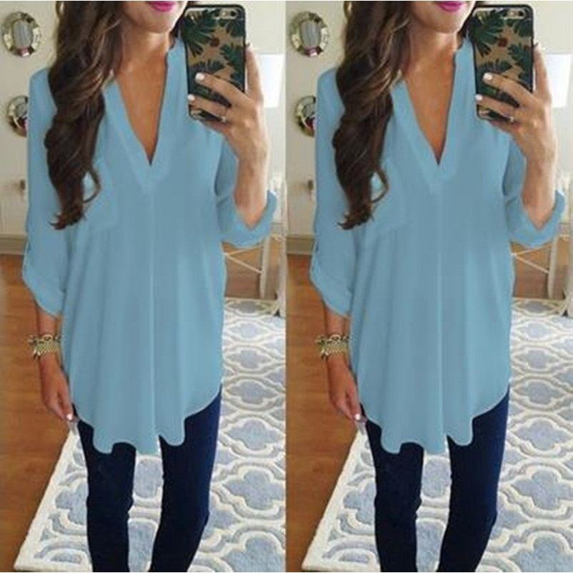Loose Maternity V-Neck Blouse Long Sleeve Shirt Pullover Tops Chiffon Female Women Solid T-Shirt Streetwear Clothing Plus Size - Jointcorp