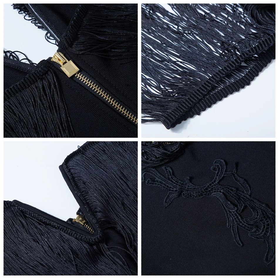 CIEMIILI New Women Fashion Tassel Bandage Dress Sexy V Neck Off Shoulder Bodycon Nightclub Celebrity Female Party Mini Dresses