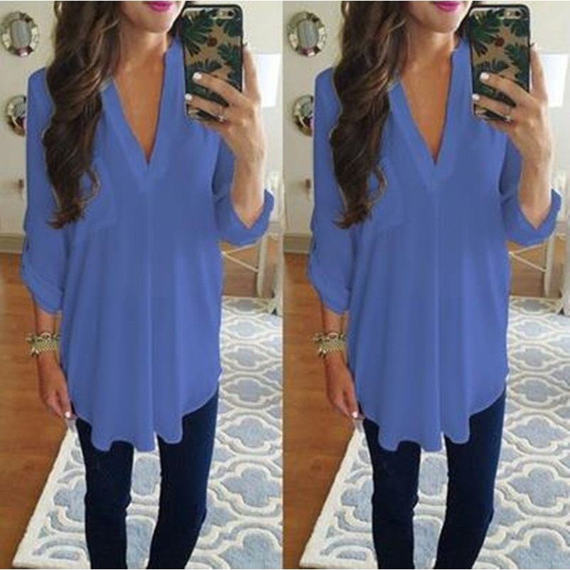 Loose Maternity V-Neck Blouse Long Sleeve Shirt Pullover Tops Chiffon Female Women Solid T-Shirt Streetwear Clothing Plus Size