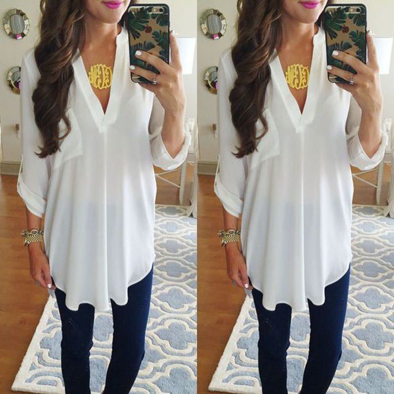 Loose Maternity V-Neck Blouse Long Sleeve Shirt Pullover Tops Chiffon Female Women Solid T-Shirt Streetwear Clothing Plus Size - Jointcorp