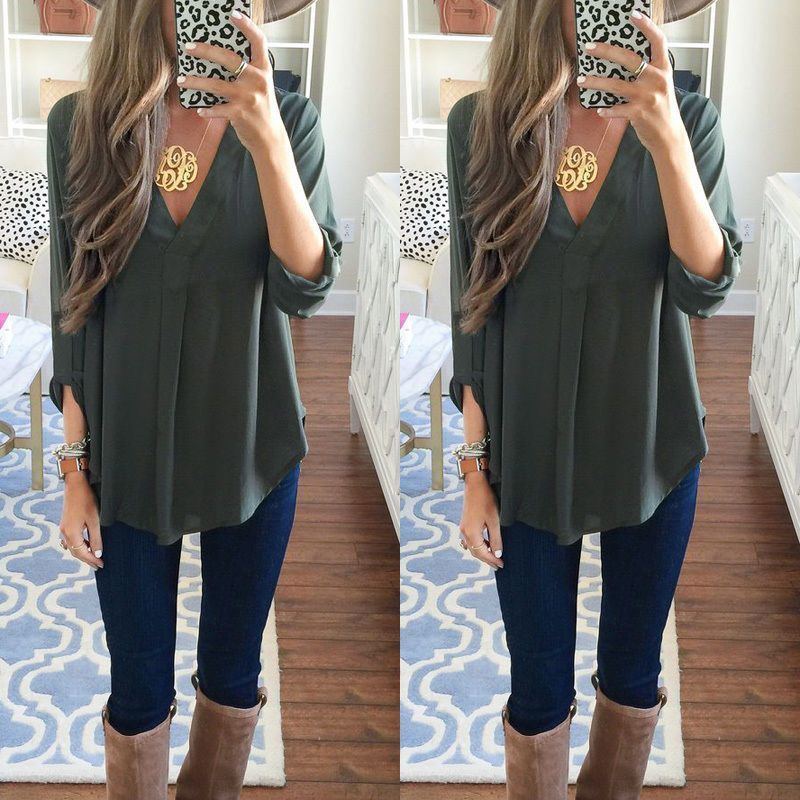 Loose Maternity V-Neck Blouse Long Sleeve Shirt Pullover Tops Chiffon Female Women Solid T-Shirt Streetwear Clothing Plus Size - Jointcorp