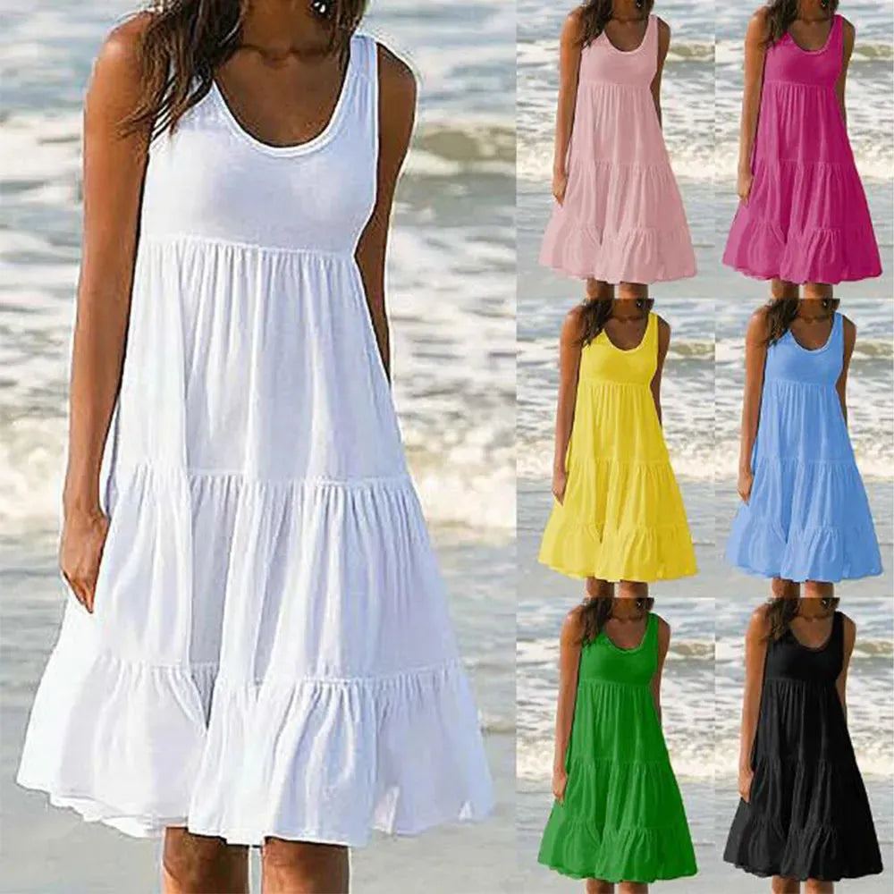 Sleeveless Ruffles Mini Dress for Women Fashion O Neck Boho Solid Beach Sundress Oversized Loose Dress 2024 Summer