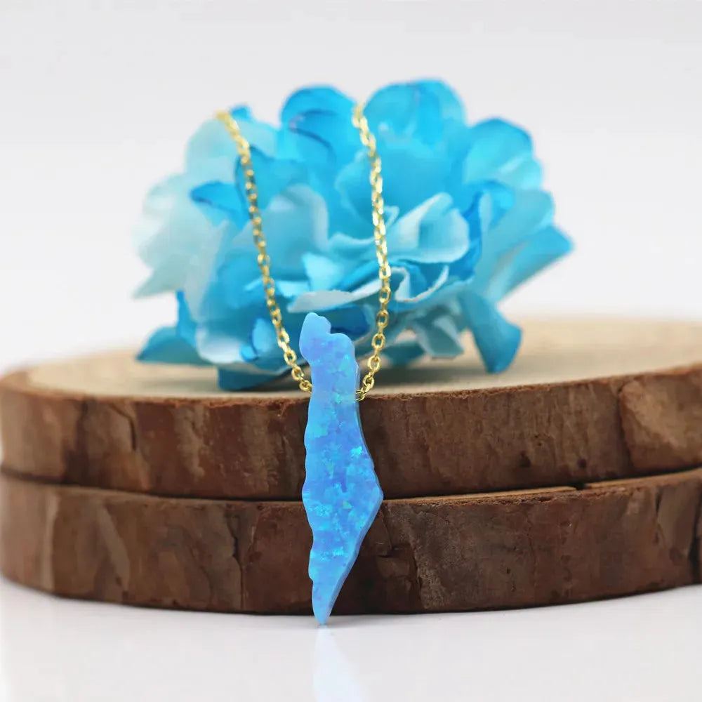 Free Shipping Op89 Black 6.2x24mm synthetic Opal Necklace Opal Palestine Map Necklace with 925 Silver O chain