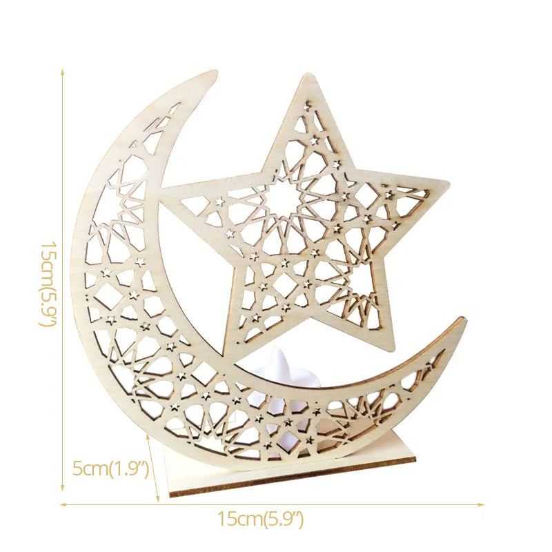 EID MUBARAK Star Moon Wooden Pendant LED Candles Stand table Ornaments Ramadan Kareem Home Decoration Islamic Muslim Party Decor