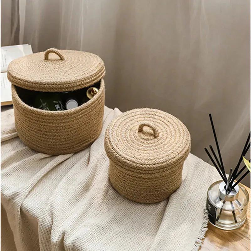 Cosmetics Storage Box Jute Woven Basket Tabletop Key Remote Control Container Snack Case With Cover Organizer ECO Friendly