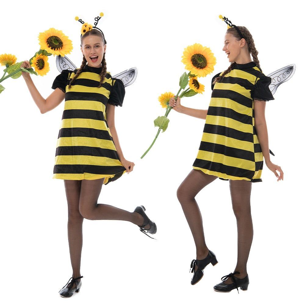 Reneecho Animal Costume Kids Bumble Bee Costume For Family Honey Bee Adult Cosplay Tunic Headpiece Suit Purim Carnival Costume