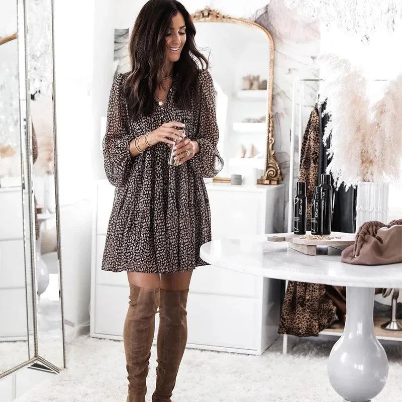 Lantern Sleeve Dot Print Ruffles Women Dress 2022 Casual V-neck Long Sleeve Button Mini Dress Ladies Elegant Party Dress Vestido