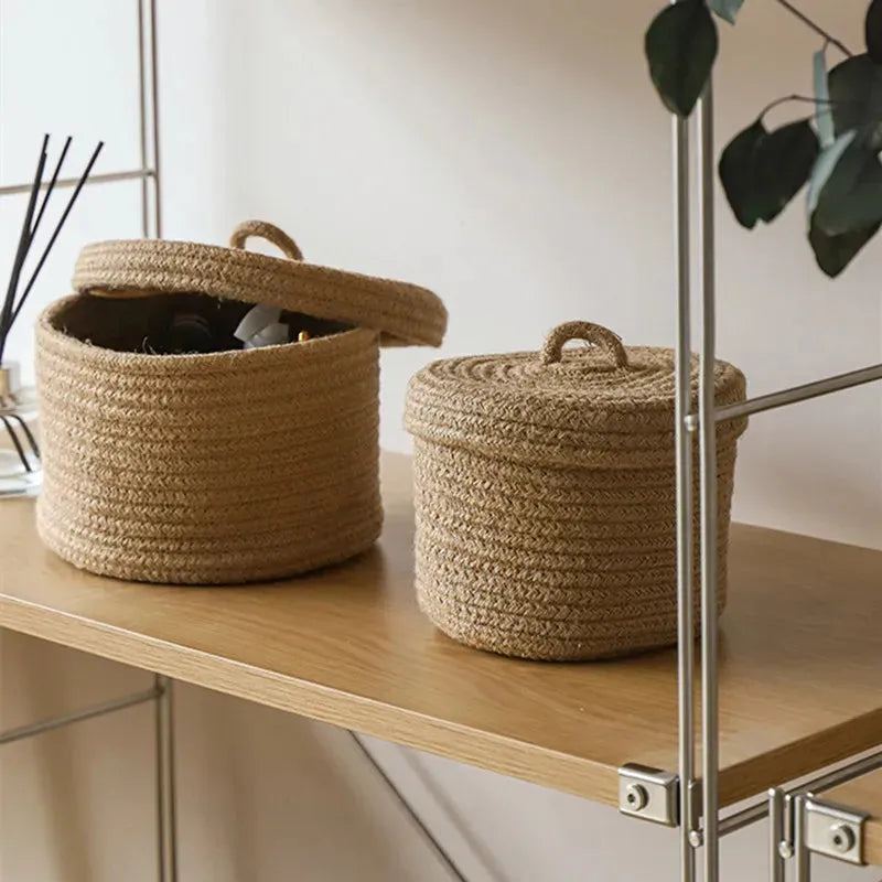 Cosmetics Storage Box Jute Woven Basket Tabletop Key Remote Control Container Snack Case With Cover Organizer ECO Friendly