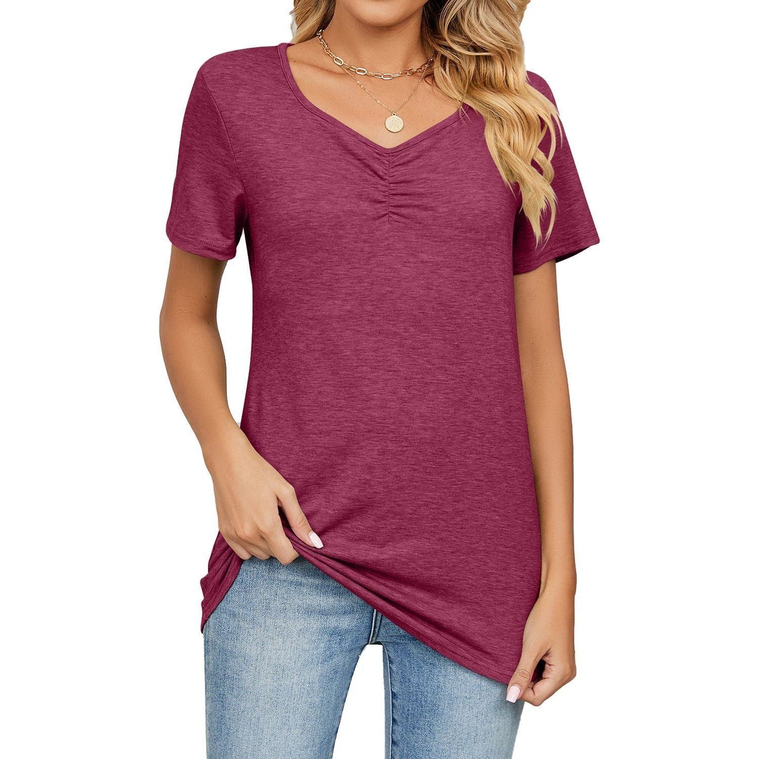 Women's Fashion V-neck Pleated Casual Solid Color Loose T-shirt - Jointcorp