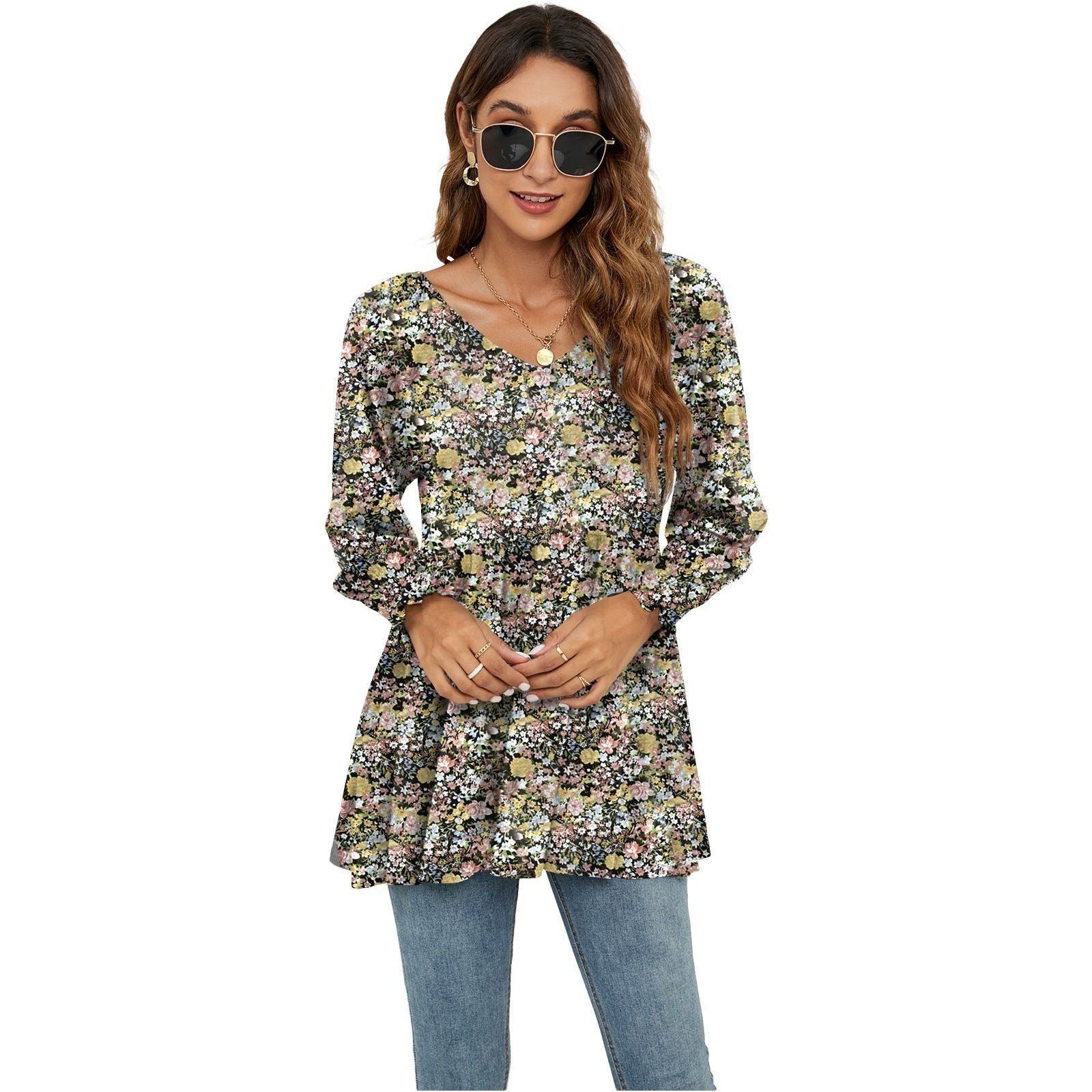 Women's Fashion Casual Printing Bubble Long Sleeve Waist Top