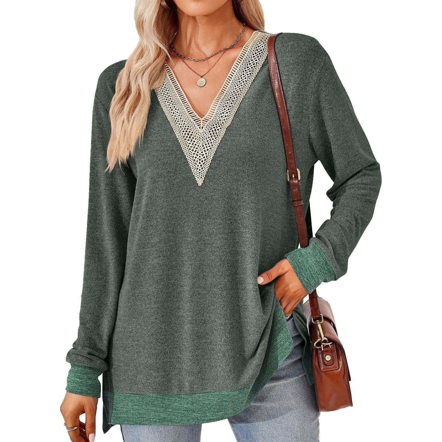 Women's Fashion V-neck Lace Solid Color Loose-fitting T-shirt Top