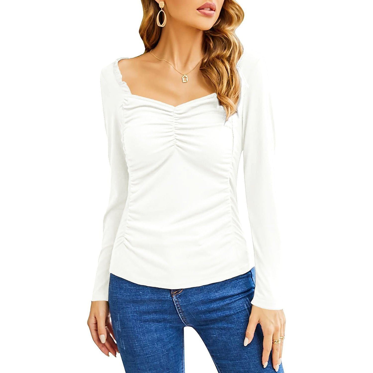 Women's Fashion Casual Square Collar Pleated Slim-fit Long Sleeve