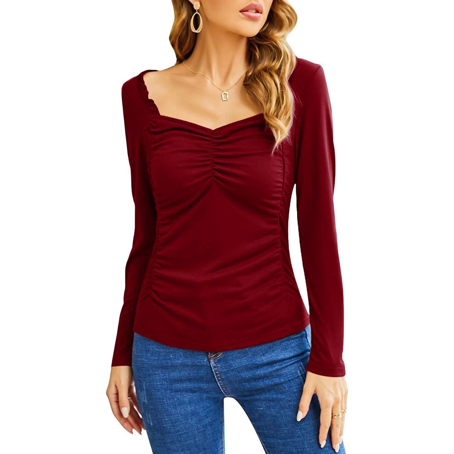 Women's Fashion Casual Square Collar Pleated Slim-fit Long Sleeve